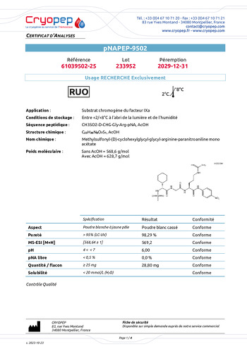 Certificat d'analyses pNAPEP-9502 Substrat Chromogène du FIXa